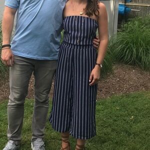 Lulus Saltwater and Sun Navy Blue Striped Strapless Midi Jumpsuit XS